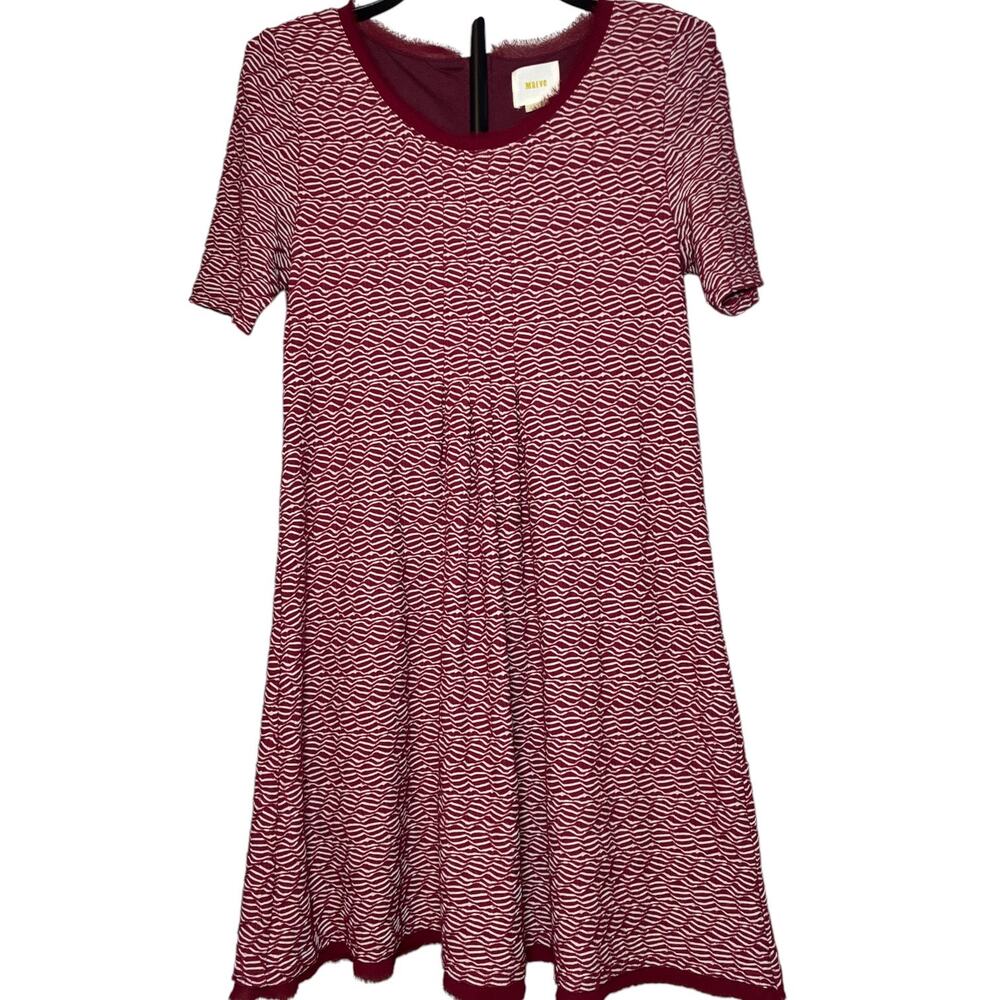 Maeve Anthropologie Maroon White Textured Wavy Pleated Shift Dress Medium